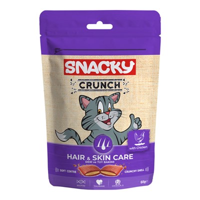 snacky kedi crunch ödül hair-skin tavuklu 60gr x 6 adet, snacky,ödül maması,kedi ödül maması,snacky kedi ödülü,mankypetshop