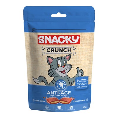 snacky kedi crunch ödül anti-age somonlu 60 gr x 6 adet, snacky,kedi ödül maması,somonlu kedi ödülü,mankypetshop,anti-age somonlu